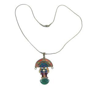 Vintage Peruvian Inca Tumi God Knife Pendant Necklace Silver 950 Stone 17in READ